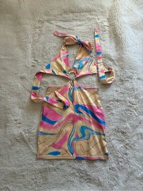 Pink and Blue Marble Print Cutout Halter Mini Dress